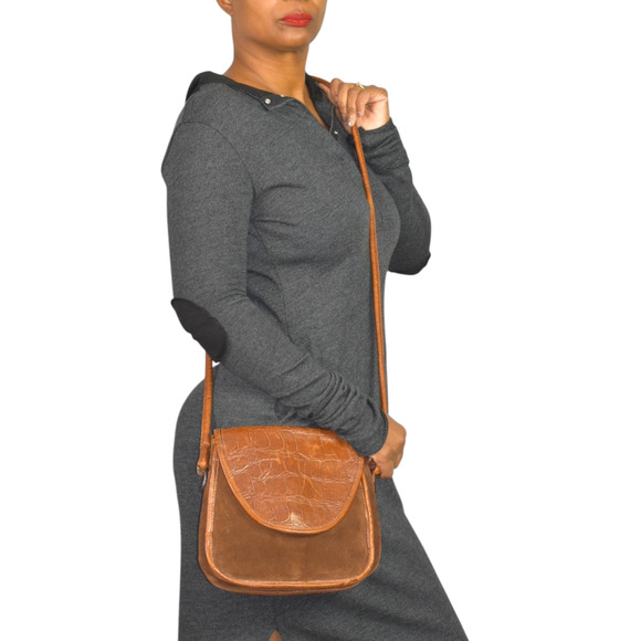 Vintage Enzo Angiolini Saddle Bag Dark Brown Crossbody Leather Suede Embossed - Picture 10 of 16